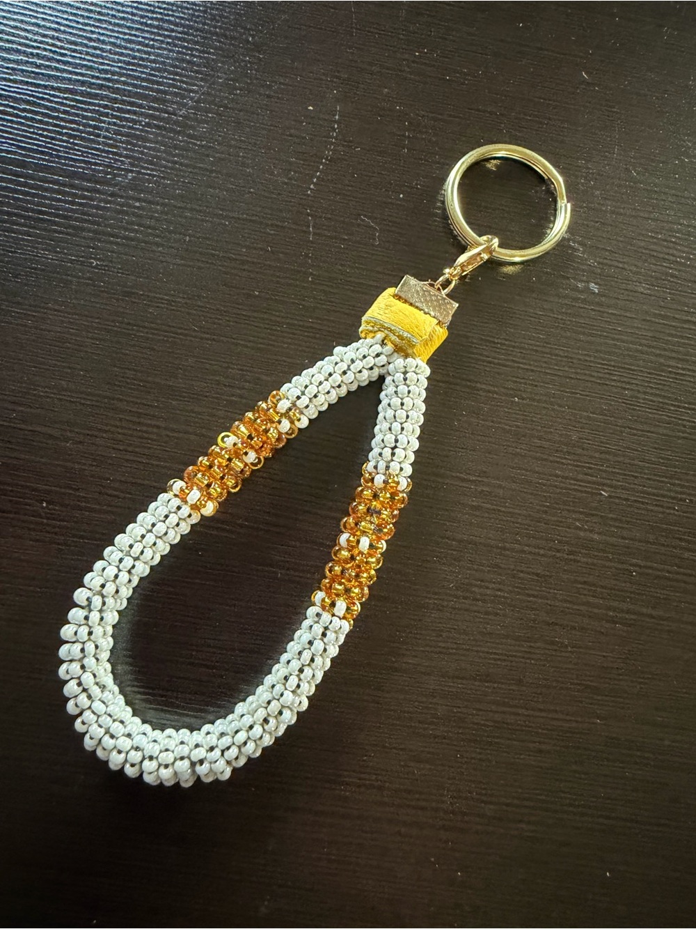 Handcrafted White and Gold Beaded Keychain